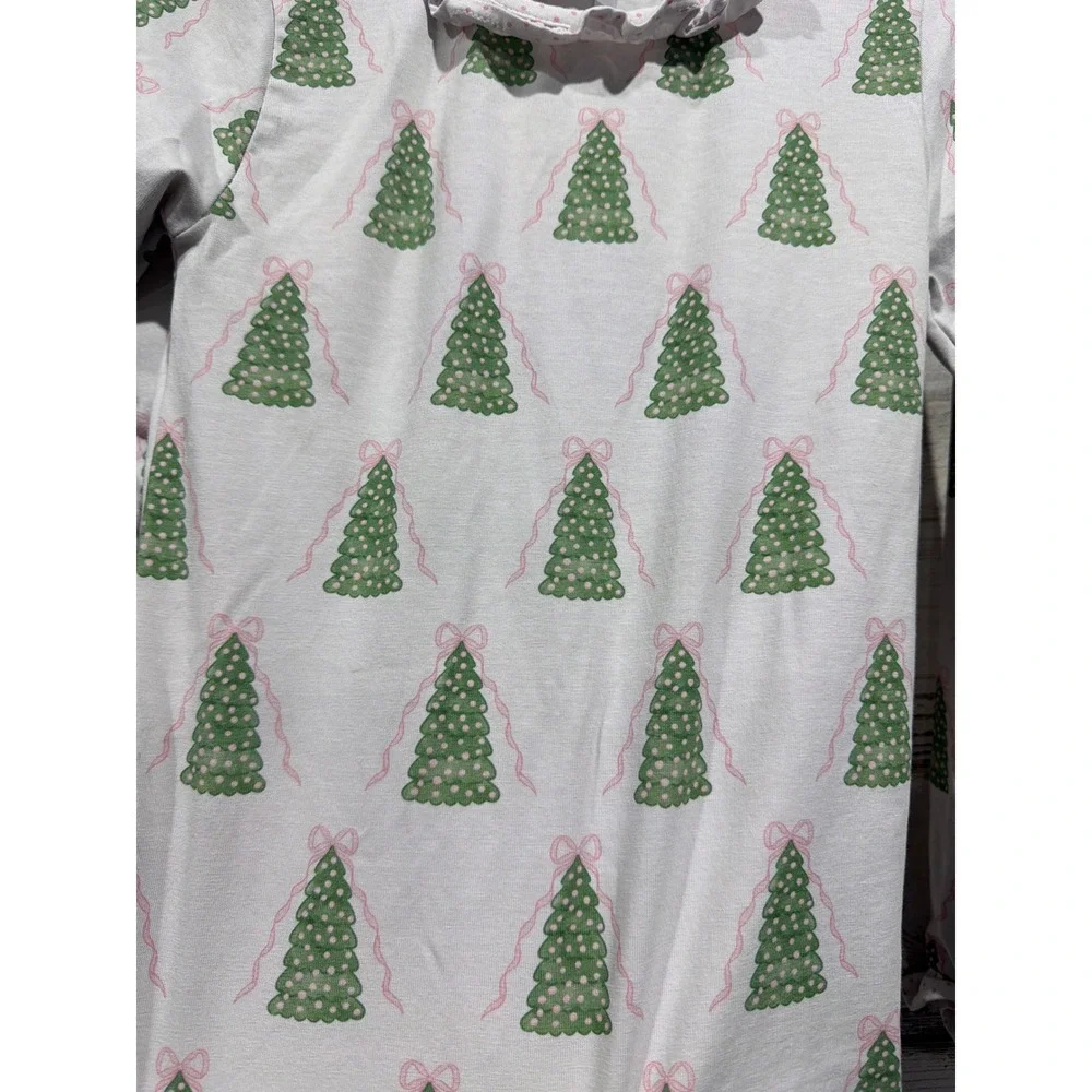 Cecil and Lou Pajama Set Girls 6 White Christmas Tree Ruffle Holiday GUC*